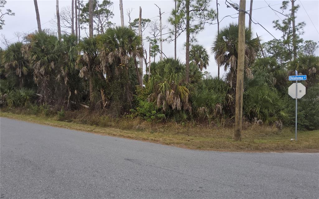 A vacant, wooded lot sits at a street corner with a street sign and stop sign — LOT 17 OKLAHOMA STREET, NORTH PORT, FL