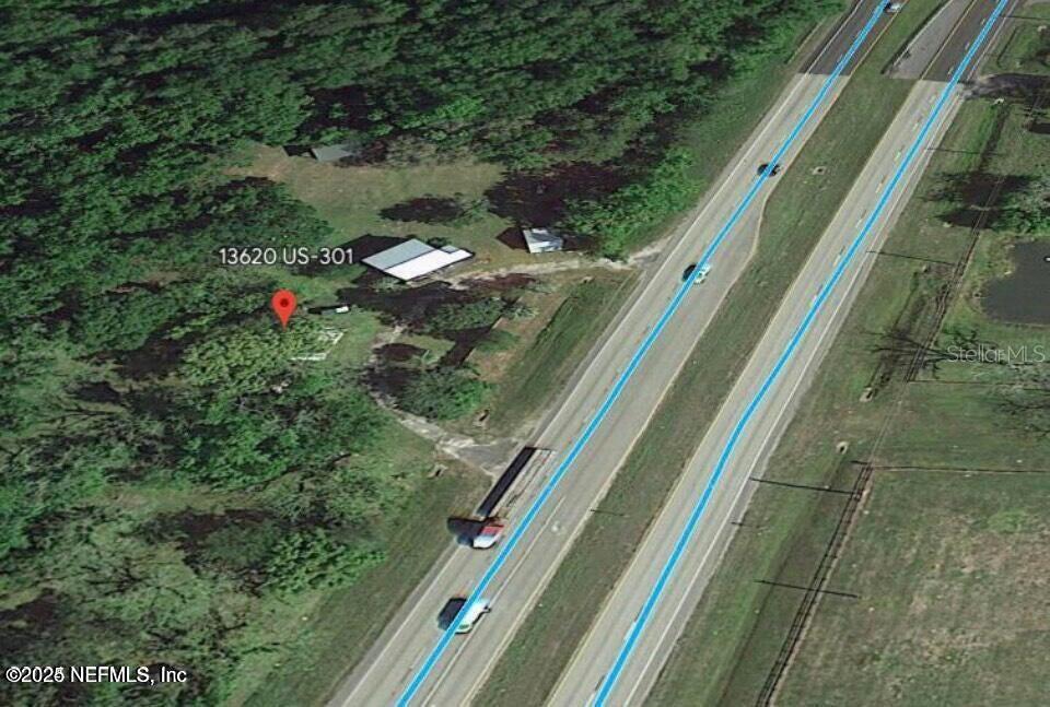 This is an aerial map view showing a property with a building near a highway — 13620 US HIGHWAY 301 S, STARKE, FL