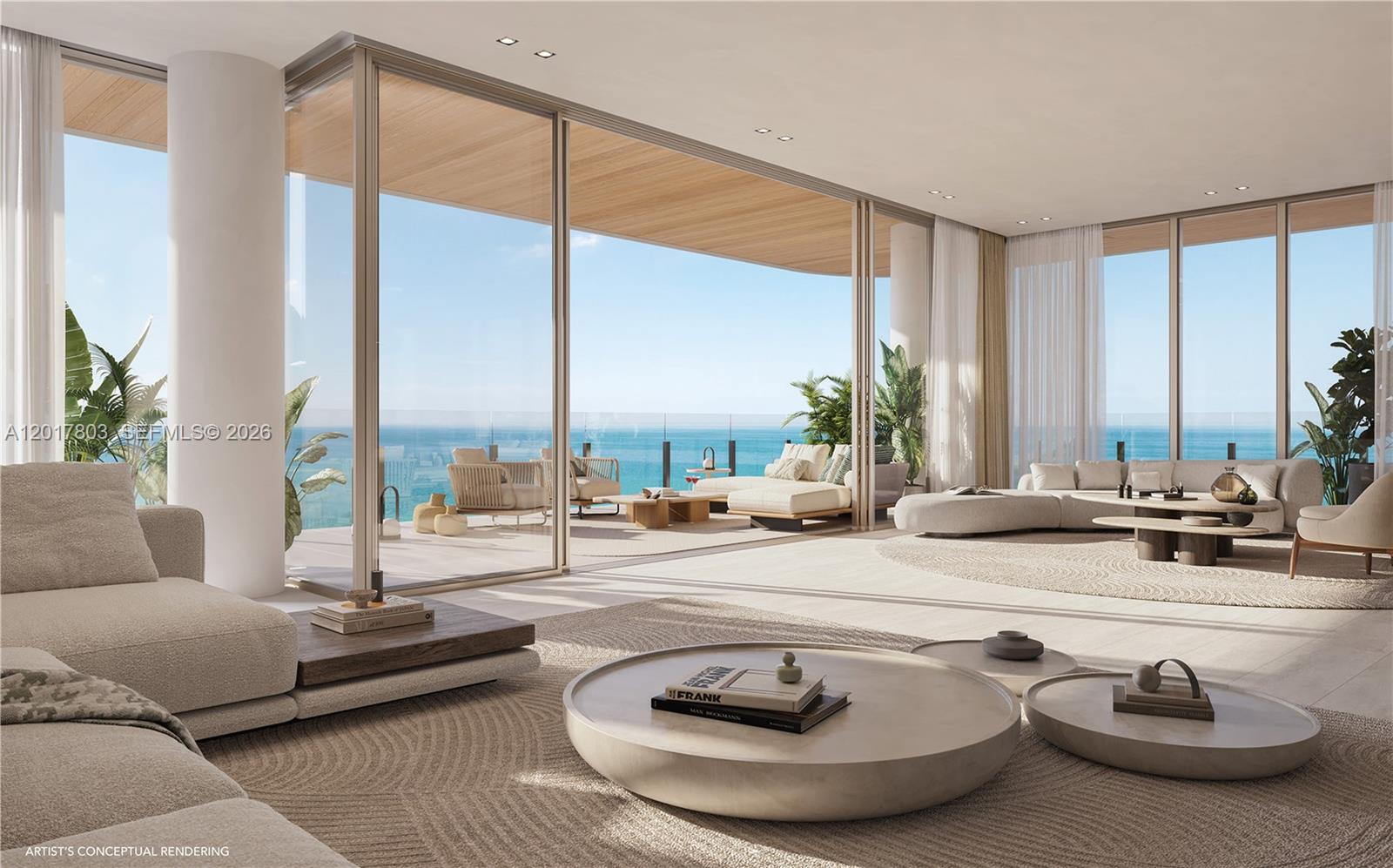 This is an artist's conceptual rendering of a modern living room with floor-to-ceiling ocean views — 9317 Collins Avenue # 1003, Surfside FL 33154, SURFSIDE, FL