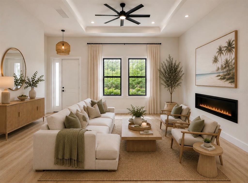 This rendering shows a living room with a sectional sofa, fireplace, and neutral decor — 3739 GARBETT TERRACE, NORTH PORT, FL