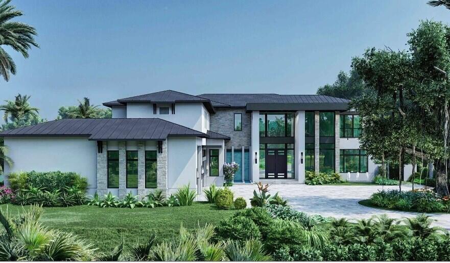 This is a rendering of a modern two-story house with a stone facade and metal roof — 4 Whitney Way, Ocean Ridge FL 33435, OCEAN RIDGE, FL
