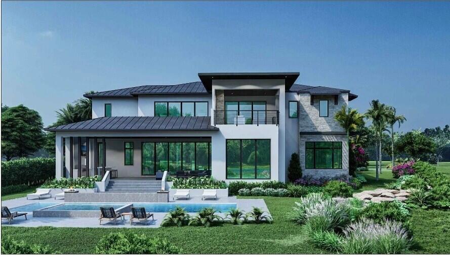 This is a rendering of a modern two-story house with a pool and landscaped backyard — 4 Whitney Way, Ocean Ridge FL 33435, OCEAN RIDGE, FL