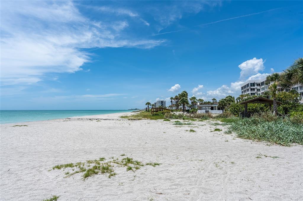 A sandy beach stretches toward the ocean with palm trees and buildings in the distance — 908 VILLAS DRIVE UNIT 14, VENICE, FL