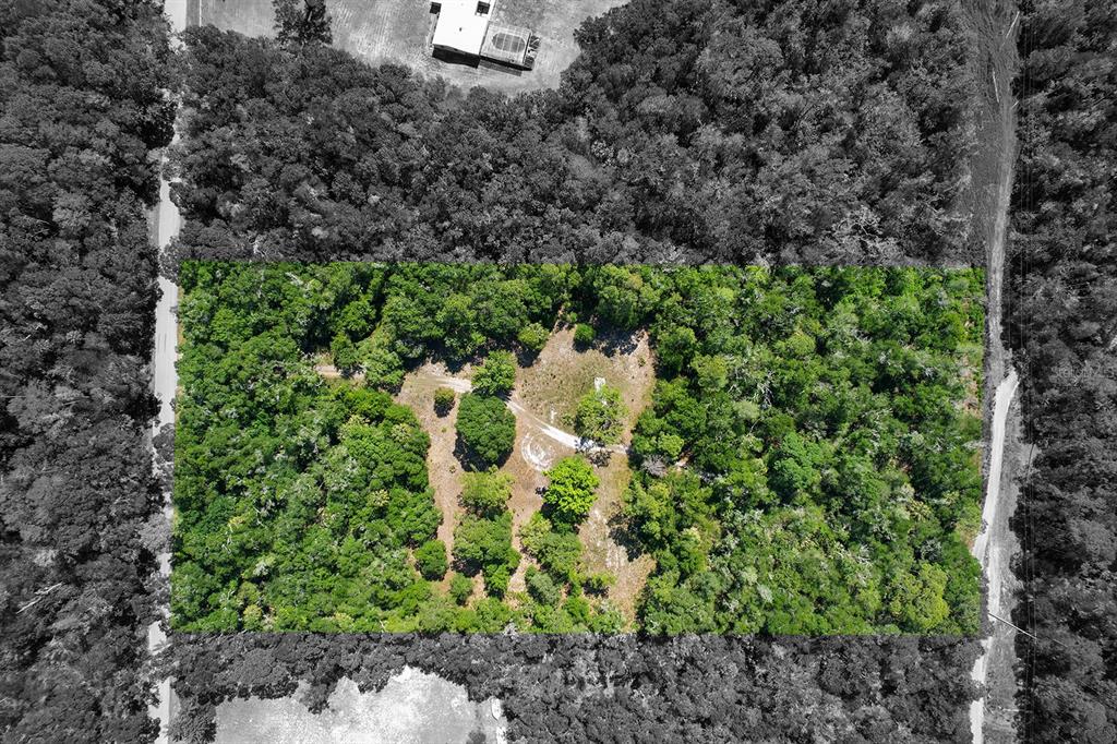 An aerial view shows a rectangular plot of land with trees and a dirt path — 8744 W OAK STREET, CRYSTAL RIVER, FL