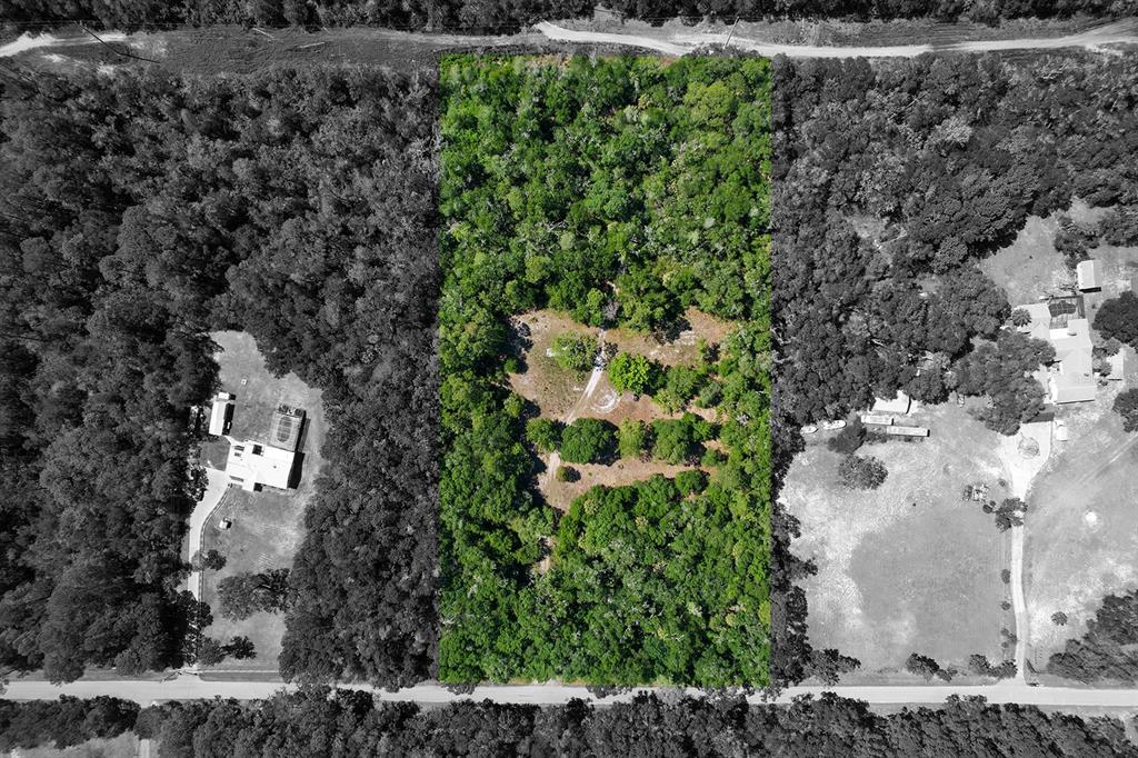 An aerial view shows a rectangular, wooded lot highlighted in green between two residential properties — 8744 W OAK STREET, CRYSTAL RIVER, FL