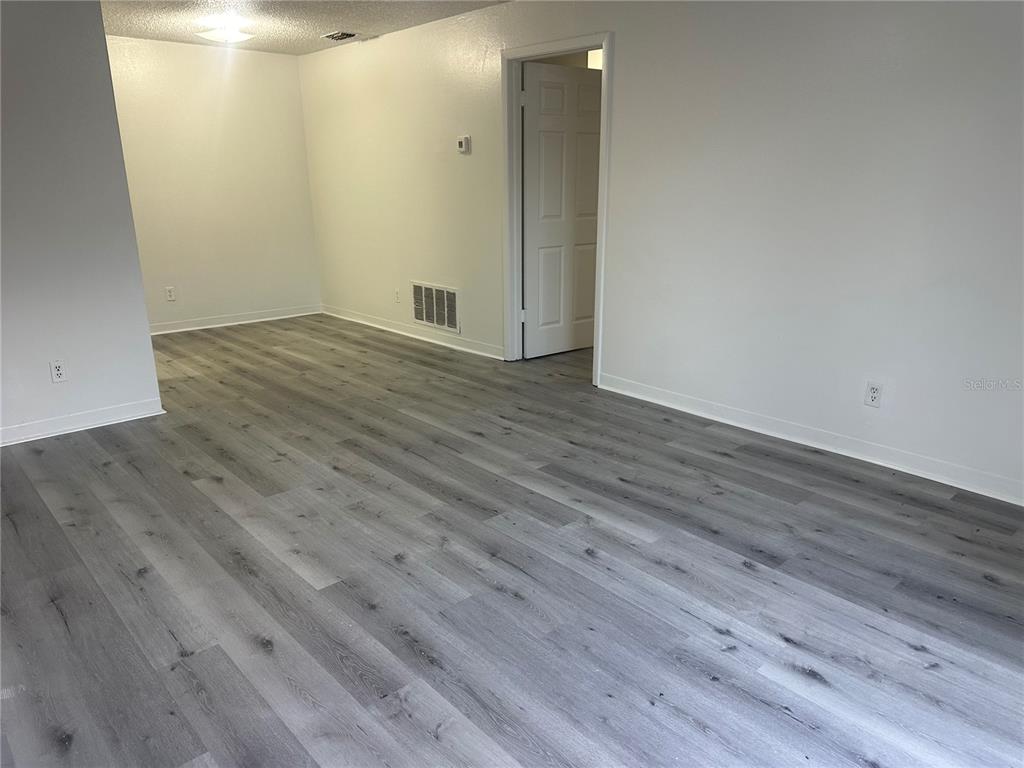 An empty room features light gray wood-look flooring, white walls, and a single interior door — 8426 CAMDEN STREET UNIT D, TAMPA, FL