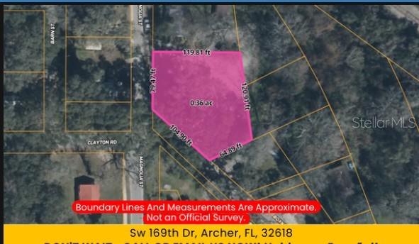 An aerial map shows the approximate boundary lines and dimensions of a vacant residential lot — 500 N MAGNOLIA STREET, ARCHER, FL