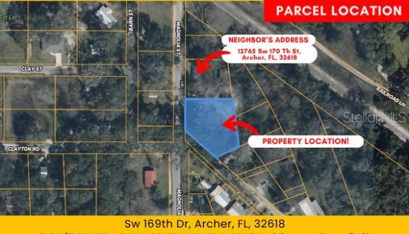 This is an aerial map showing a highlighted parcel of land in Archer, Florida — 500 N MAGNOLIA STREET, ARCHER, FL