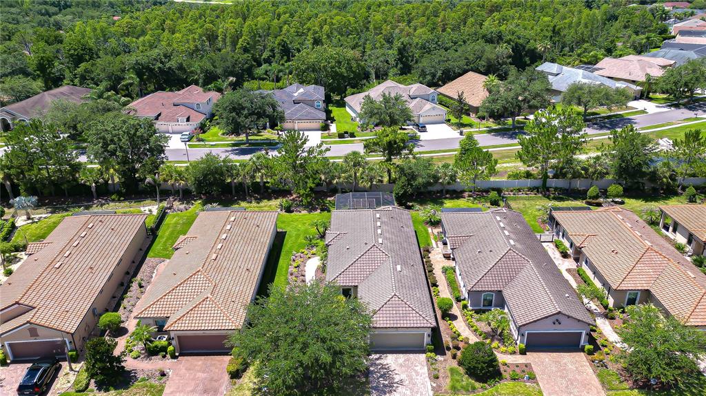 An aerial view shows a row of suburban houses with tiled roofs and paved driveways — 8433 ALBERATA VISTA DRIVE, TAMPA, FL