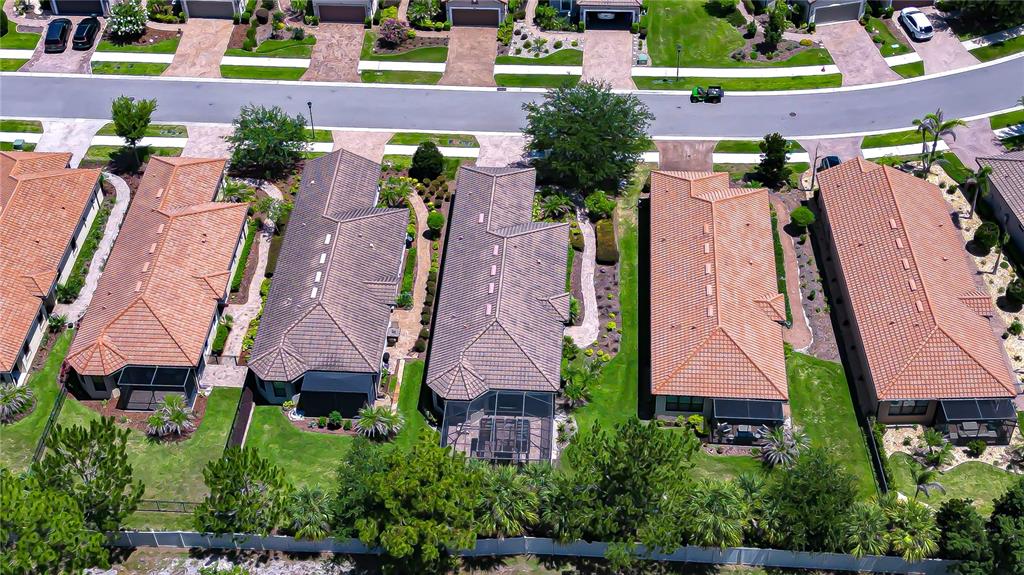 An aerial view shows several suburban houses with tile roofs and backyard swimming pool enclosures — 8433 ALBERATA VISTA DRIVE, TAMPA, FL