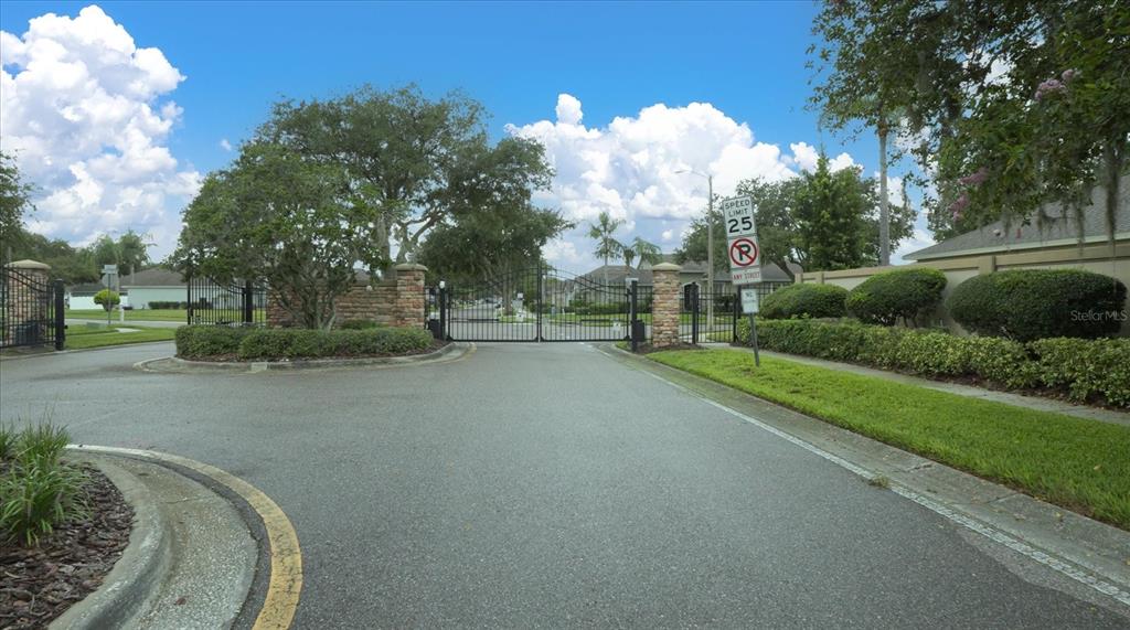 A gated entrance to a residential community features a paved road and lush landscaping — 19320 HASKELL PLACE, LAND O LAKES, FL