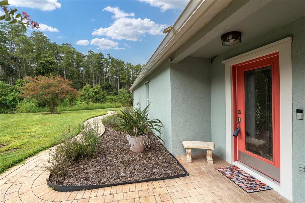 A light green house exterior features a red front door and a curved paver walkway — 19320 HASKELL PLACE, LAND O LAKES, FL