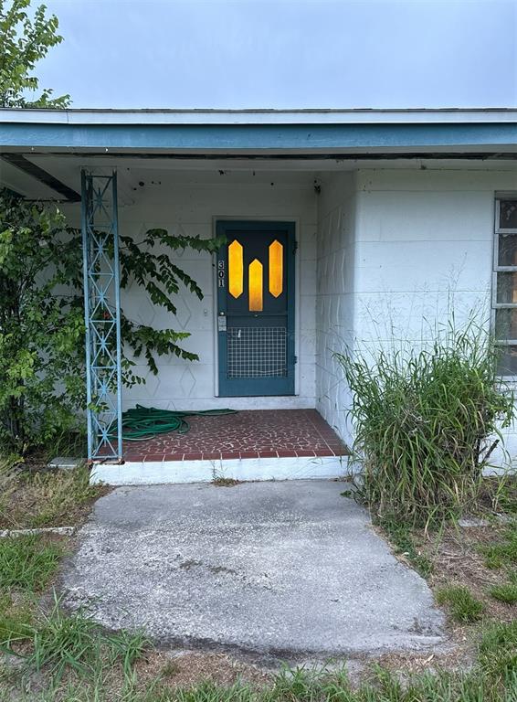A white house exterior features a blue front door with decorative yellow glass panels — 301 W LEMON STREET, BOWLING GREEN, FL