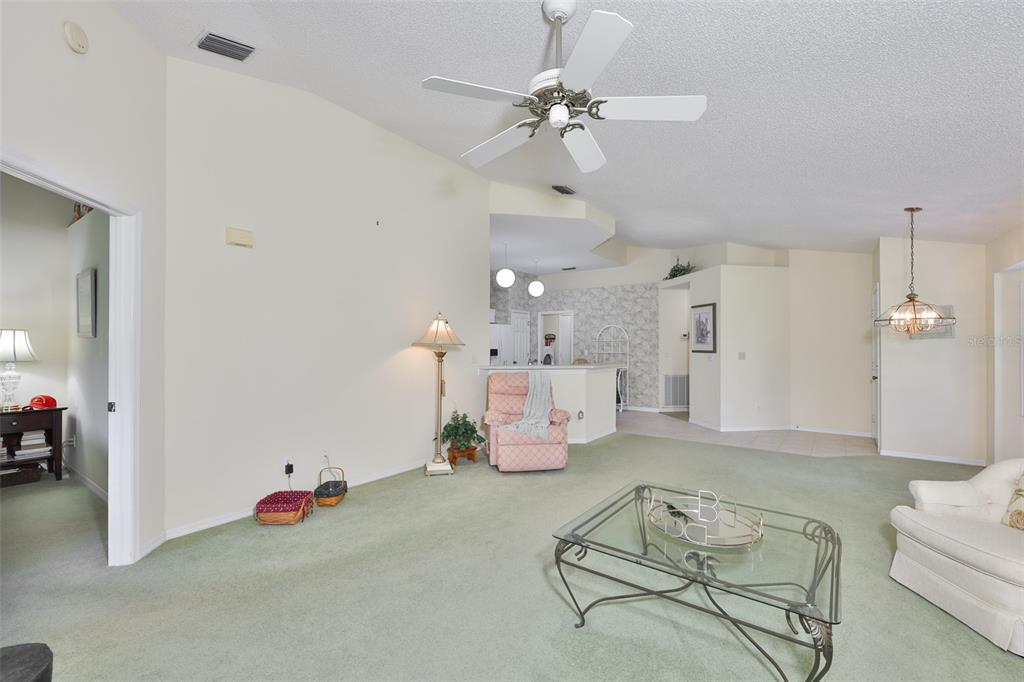 A living room with green carpeting, a ceiling fan, and a glass coffee table — 2429 NEW HAVEN CIRCLE, SUN CITY CENTER, FL