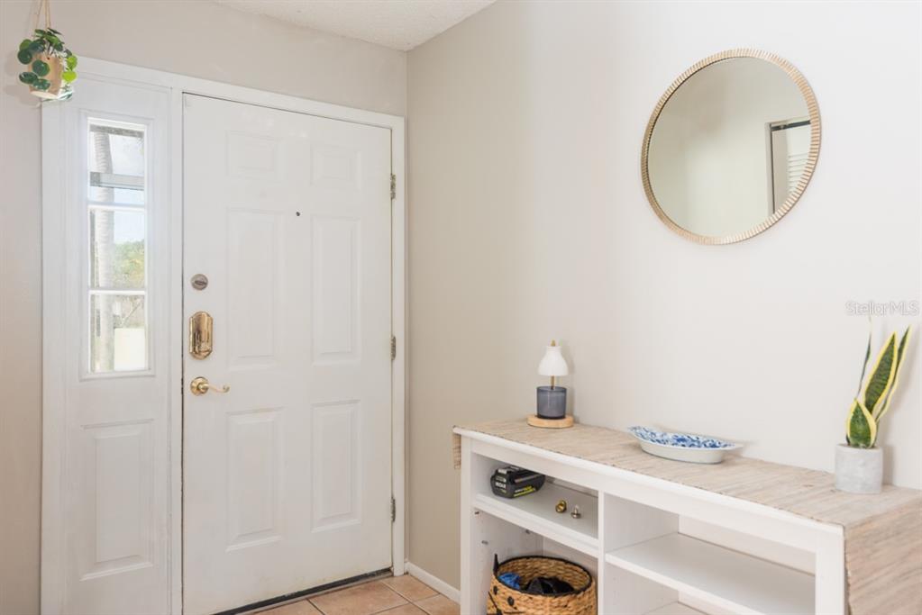 An entryway features a white front door, a console table, and a round wall mirror — 5917 TAYWOOD DRIVE, TAMPA, FL