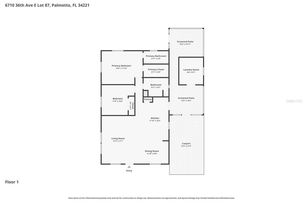 This is a floor plan showing the layout of a single-story home with a carport — 6710 36TH AVENUE E UNIT 87, PALMETTO, FL