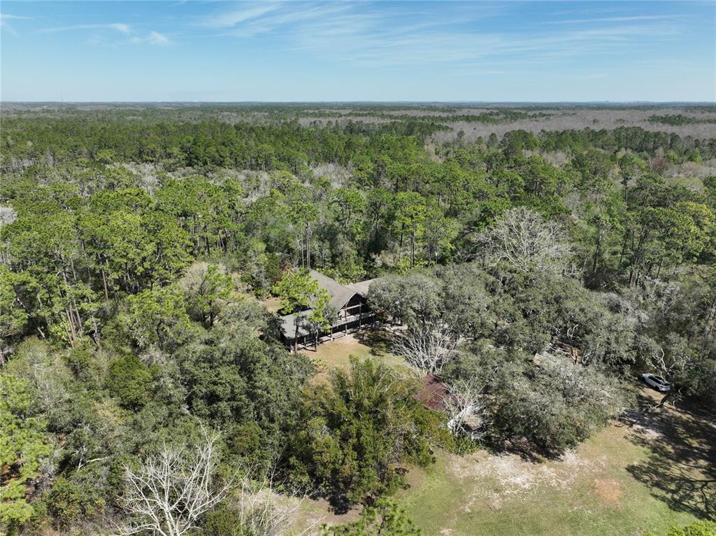 An aerial view shows a house nestled within a dense forest with a grassy clearing — 3939 LAKE ERIE ROAD, GROVELAND, FL