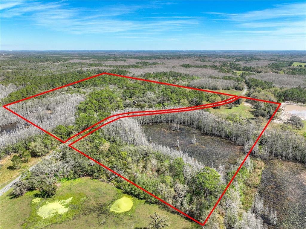 An aerial view shows a large, wooded plot of land outlined in red — 3939 LAKE ERIE ROAD, GROVELAND, FL