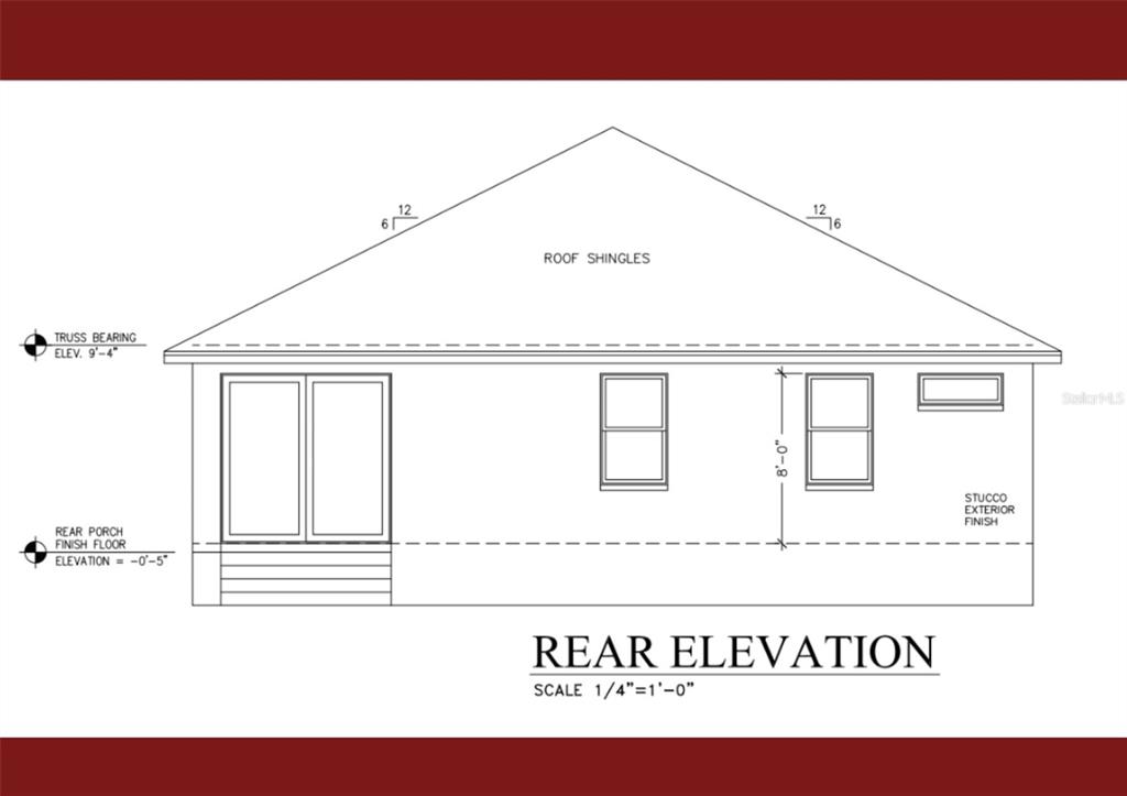 This architectural rendering shows the rear elevation of a house with stucco finish and shingles — 14800 ELMONT AVENUE, SPRING HILL, FL