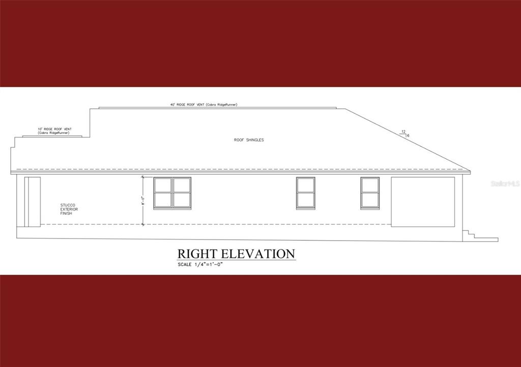 This architectural rendering shows the right elevation of a house with stucco exterior finish — 14800 ELMONT AVENUE, SPRING HILL, FL