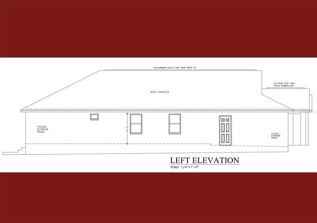 This architectural rendering shows the left elevation of a house with stucco exterior finish — 14800 ELMONT AVENUE, SPRING HILL, FL