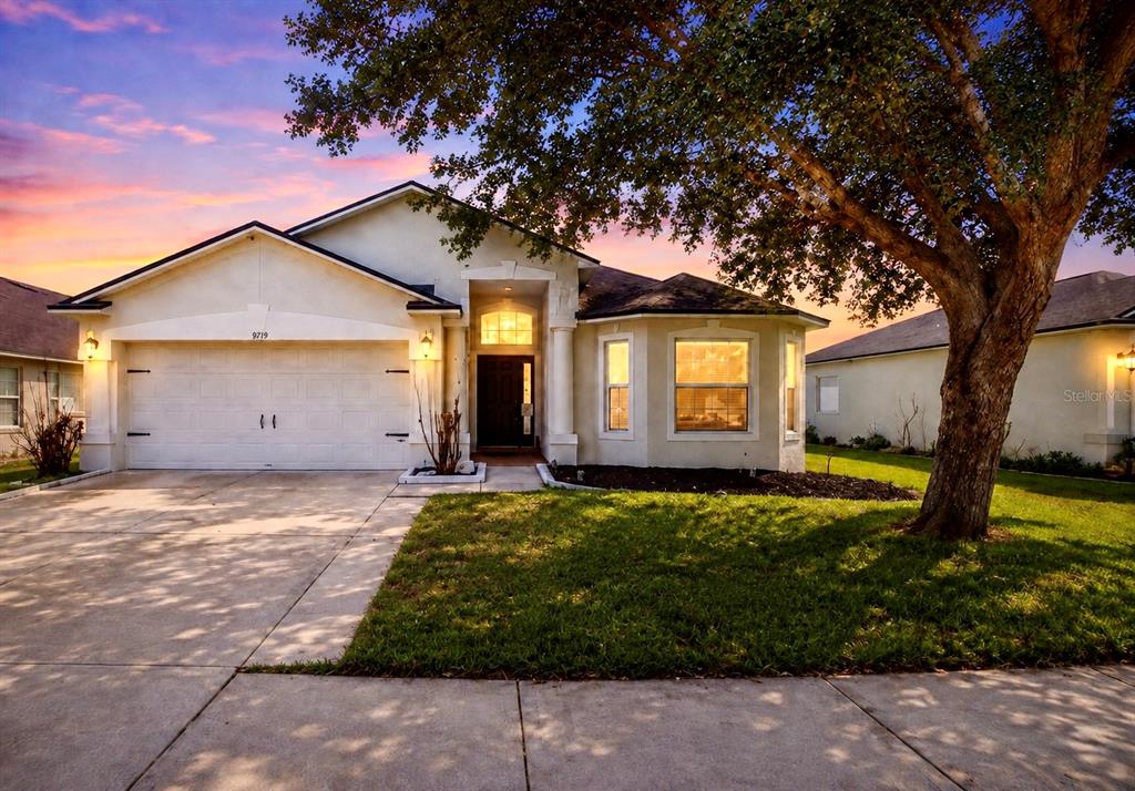 A single-story house with a two-car garage, light-colored stucco exterior, and a large front tree — 4828 WESSEX WAY, LAND O LAKES, FL