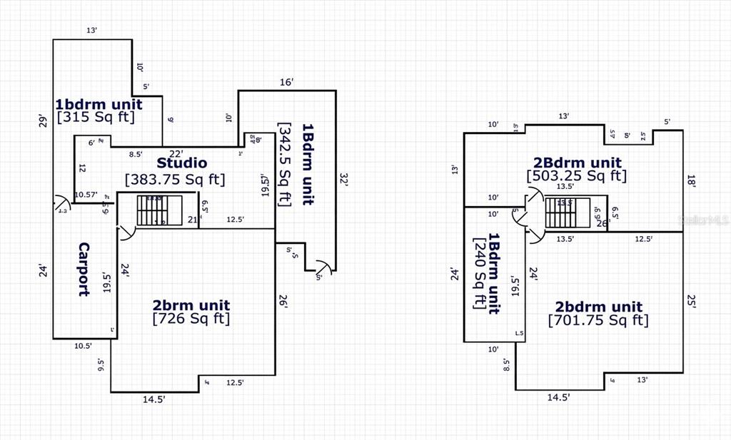 This floor plan displays the layout and square footage for multiple apartment units and a carport — 162 LA PLACITA DE SANTURCE, DOS HERMANOS, SAN JUAN, PR