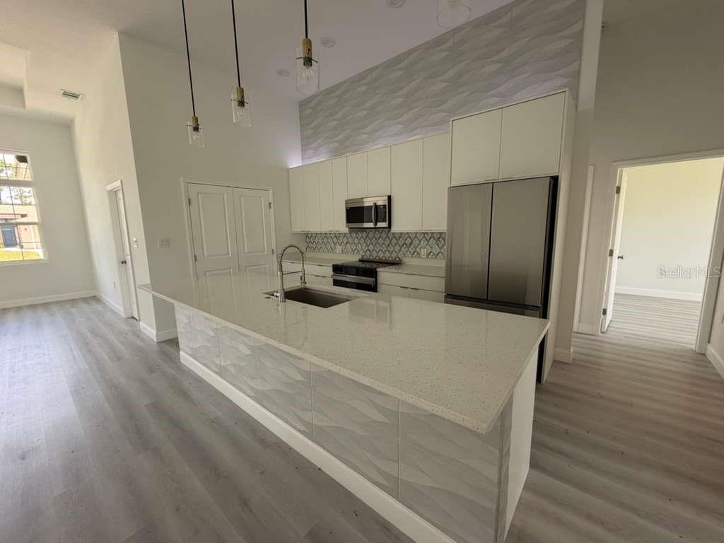 A modern kitchen features a large island, white cabinetry, stainless steel appliances, and wood-look flooring — 2551 ALHAVEN TERRACE, NORTH PORT, FL