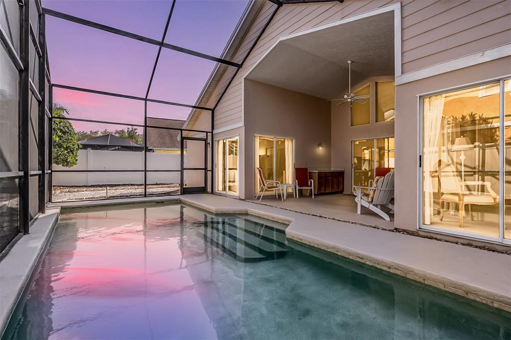 A screened-in swimming pool and patio area with outdoor furniture attached to a house — 9008 QUAIL CREEK DRIVE, TAMPA, FL