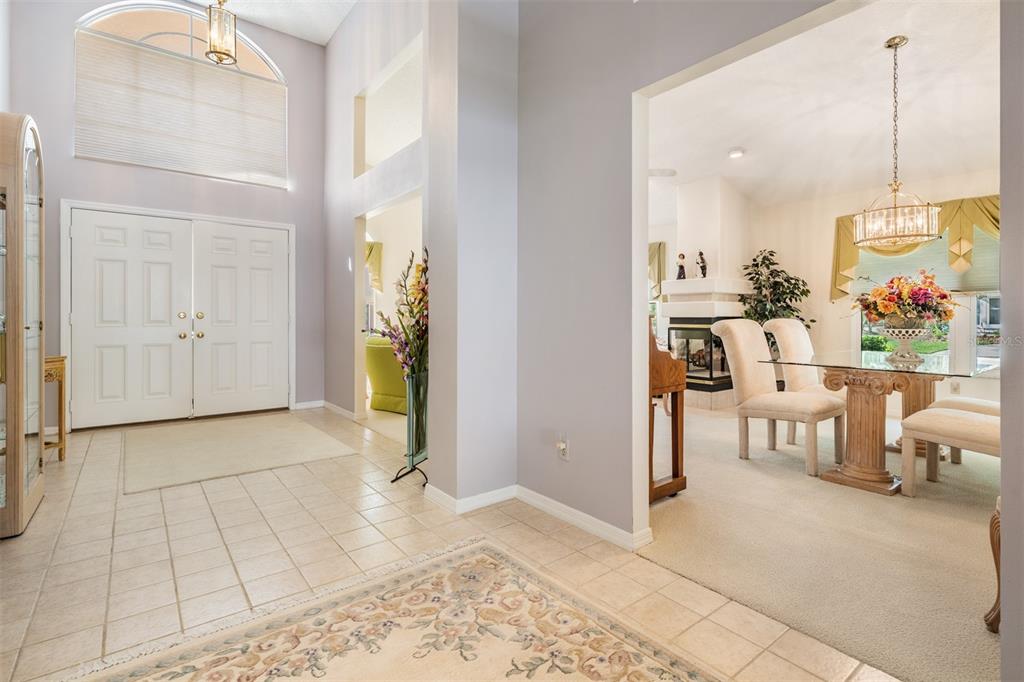 A foyer with tile floors and a high ceiling leads into a carpeted dining room — 9008 QUAIL CREEK DRIVE, TAMPA, FL
