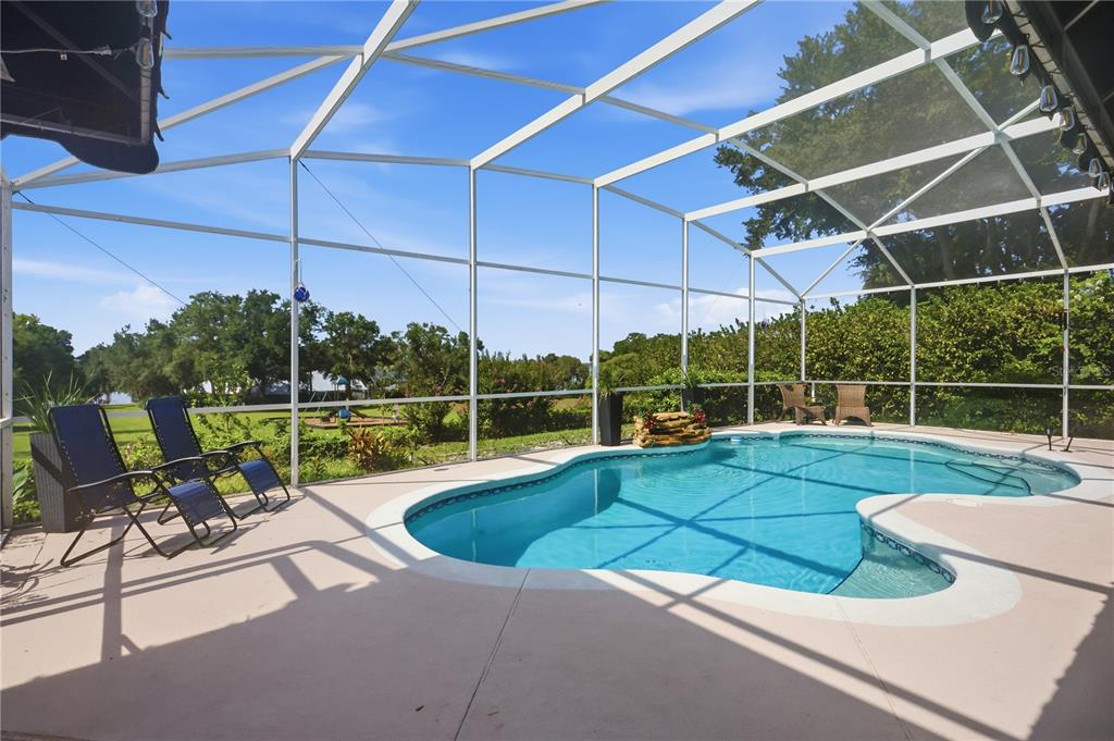 A screened-in patio features a swimming pool with a rock waterfall and lounge chairs — 13706 VIA ROMA CIRCLE, CLERMONT, FL