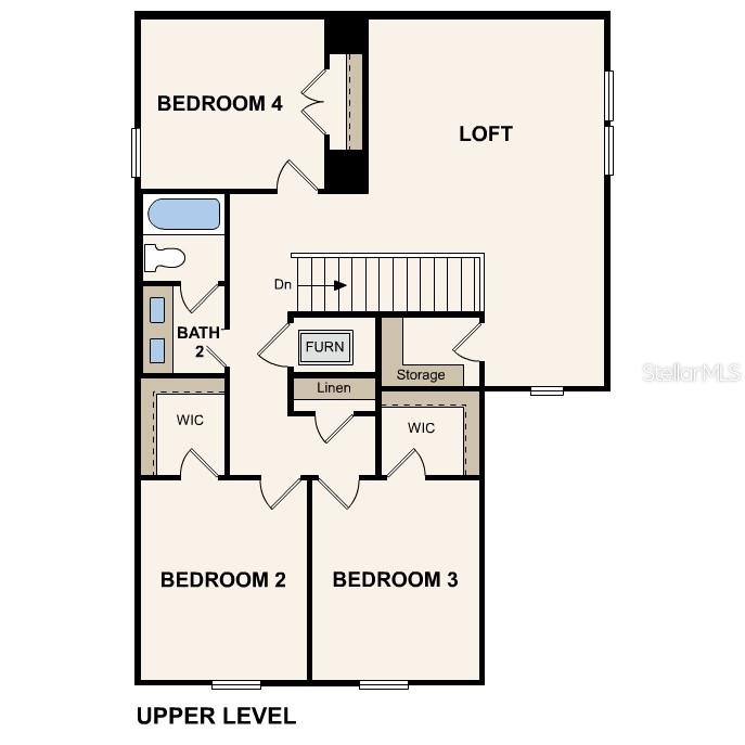 This is a floor plan of an upper level featuring three bedrooms, a loft, and a bathroom — 1349 RIBBON PLACE, PALM COAST, FL