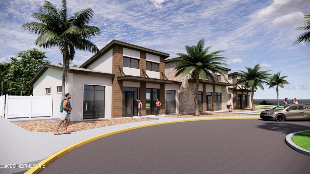 This is a digital rendering of the exterior of a modern multi-unit residential building — 1349 RIBBON PLACE, PALM COAST, FL
