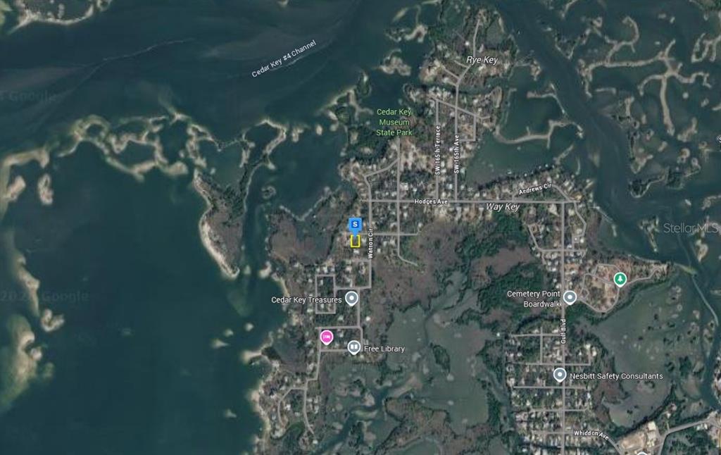 This is an aerial map showing the residential area and surrounding waterways of Cedar Key — 16800 ANNA ST, CEDAR KEY, FL