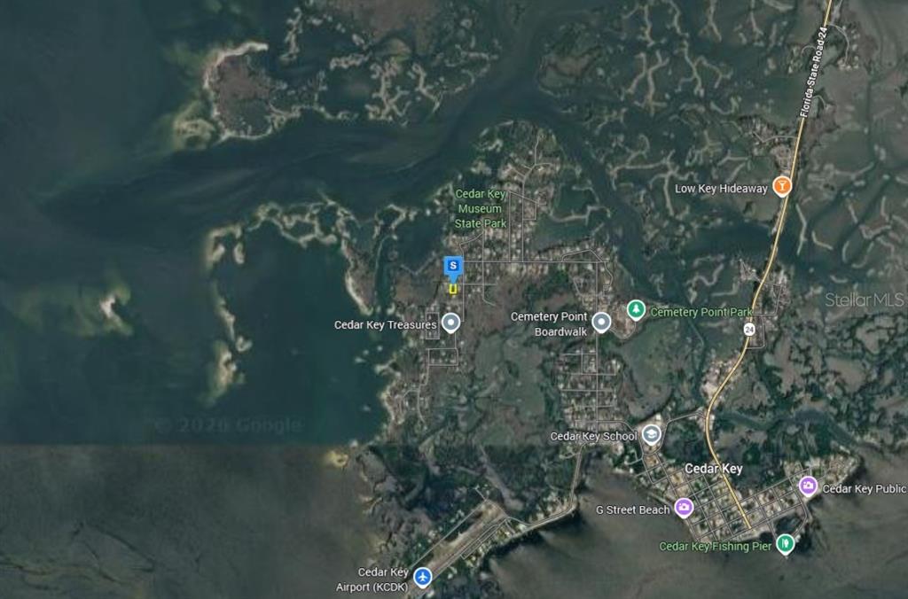 This is a satellite map view of the Cedar Key area in Florida — 16800 ANNA ST, CEDAR KEY, FL