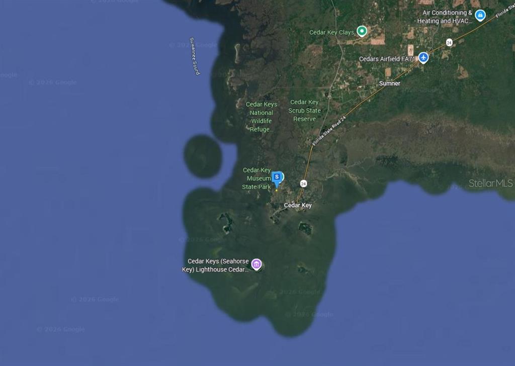 This is a satellite map view of the Cedar Key area in Florida — 16800 ANNA ST, CEDAR KEY, FL