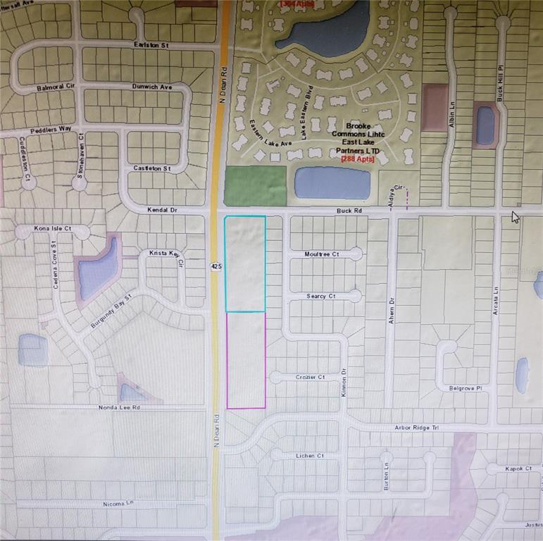 This is a map showing two adjacent rectangular parcels of land along a road — 10000 BUCK ROAD, ORLANDO, FL