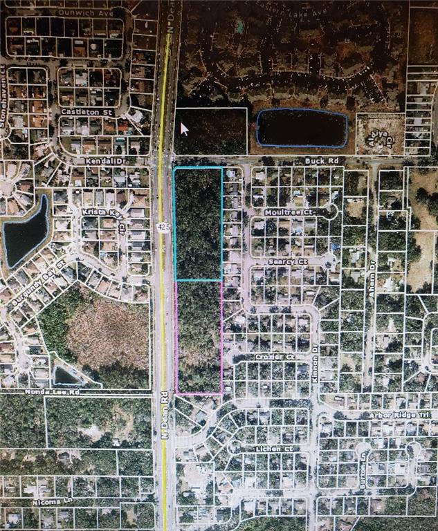 This is an aerial map showing two adjacent wooded parcels outlined in blue and pink — 10000 BUCK ROAD, ORLANDO, FL
