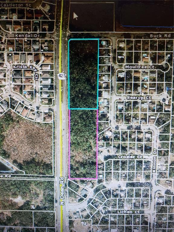This is an aerial map showing two adjacent rectangular parcels of land along a highway — 10000 BUCK ROAD, ORLANDO, FL