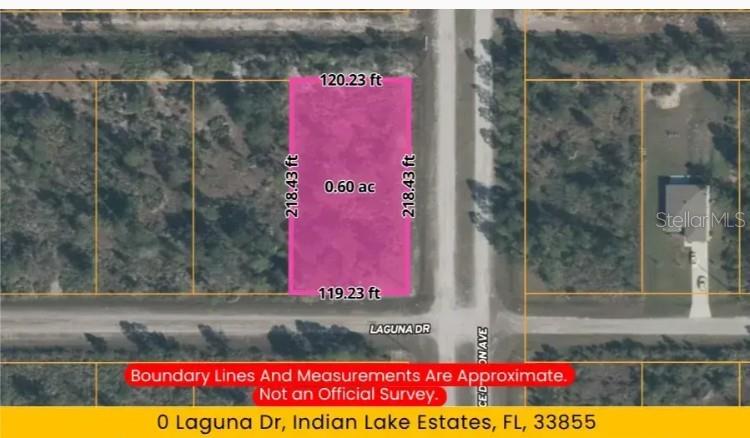 This is a map showing the approximate boundaries and dimensions of a vacant lot — 402 LAGUNA DRIVE, INDIAN LAKE ESTATES, FL