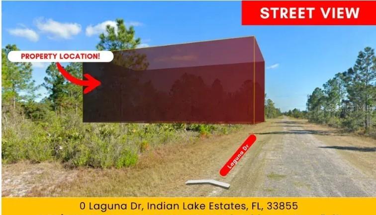 This is a digital rendering showing a property location on a dirt road — 402 LAGUNA DRIVE, INDIAN LAKE ESTATES, FL