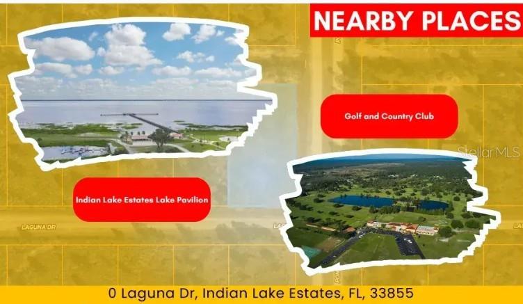 This image is a map showing the location of a property near a lake pavilion and a golf course — 402 LAGUNA DRIVE, INDIAN LAKE ESTATES, FL