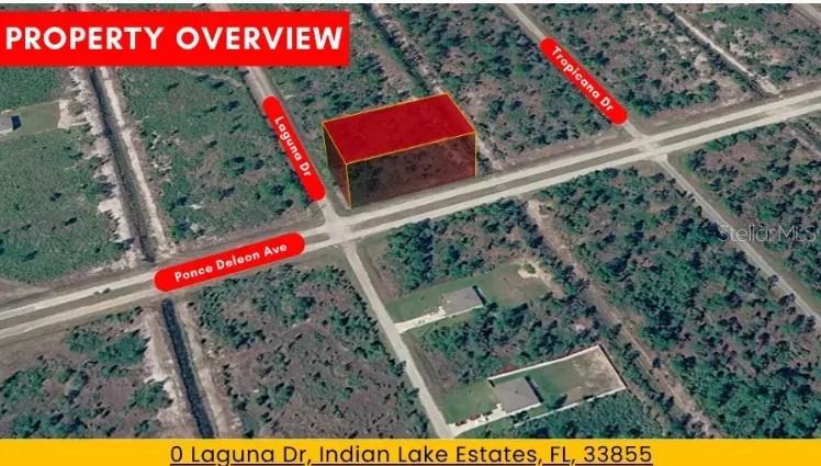 An aerial map shows a highlighted rectangular plot of land at a street intersection — 402 LAGUNA DRIVE, INDIAN LAKE ESTATES, FL