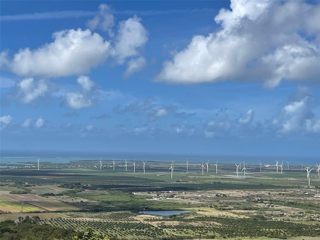 A wide-angle view of a coastal landscape featuring numerous wind turbines and a small pond — S LOMAS DE EXPRESO UNIT 44, SANTA ISABEL, PR