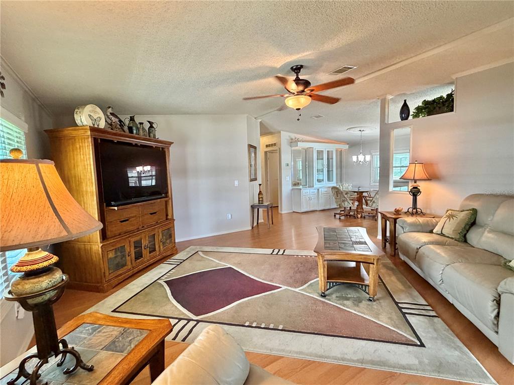 A living room features a large area rug, wooden entertainment center, and light-colored leather sofa — 303 HAWTHORNE BOULEVARD, LEESBURG, FL