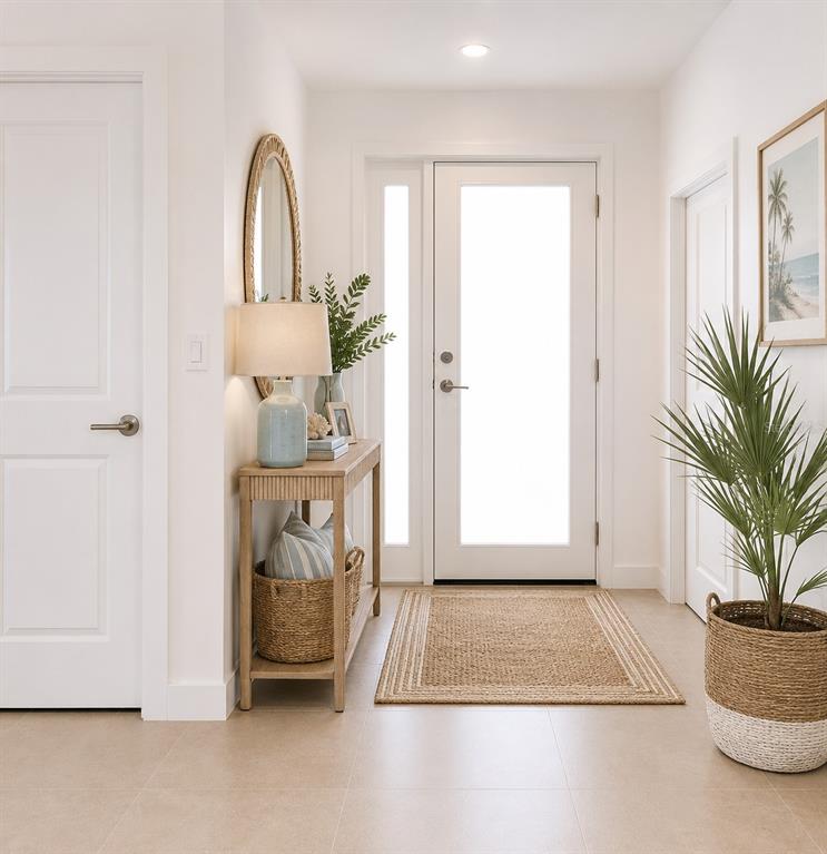 A bright entryway features a console table, a woven rug, and a potted palm plant — 2820 W 44 STREET, LEHIGH ACRES, FL