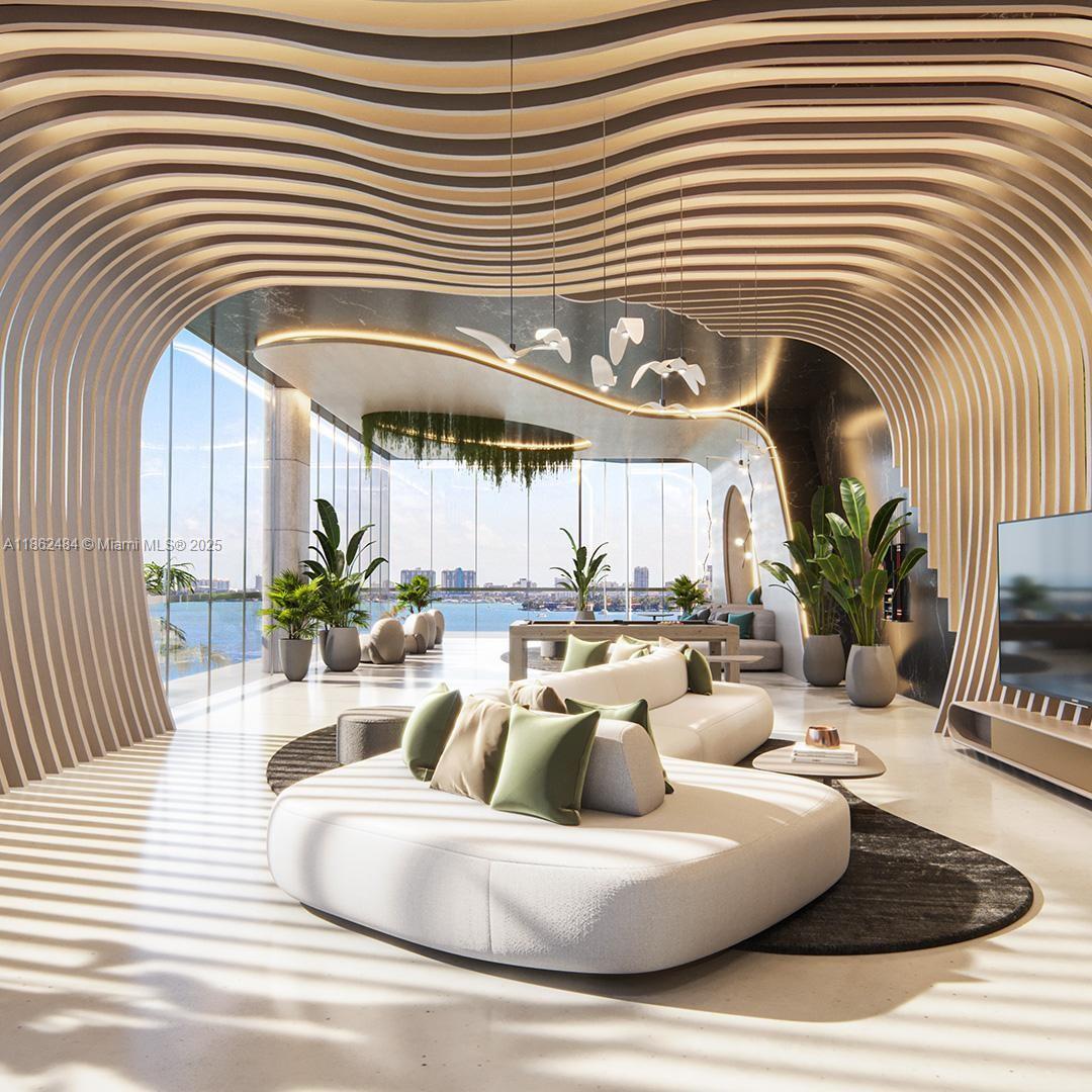 This rendering shows a modern living room featuring a wavy slatted ceiling and floor-to-ceiling windows — 700 NE 24th Street, Miami FL 33137, MIAMI, FL