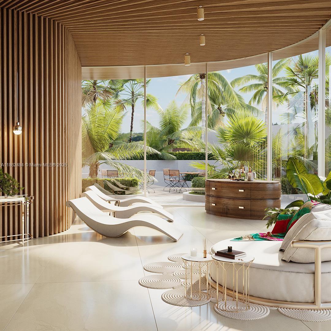 This rendering shows a modern lounge with curved wood-slatted walls, floor-to-ceiling windows, and outdoor palm trees — 700 NE 24th Street, Miami FL 33137, MIAMI, FL