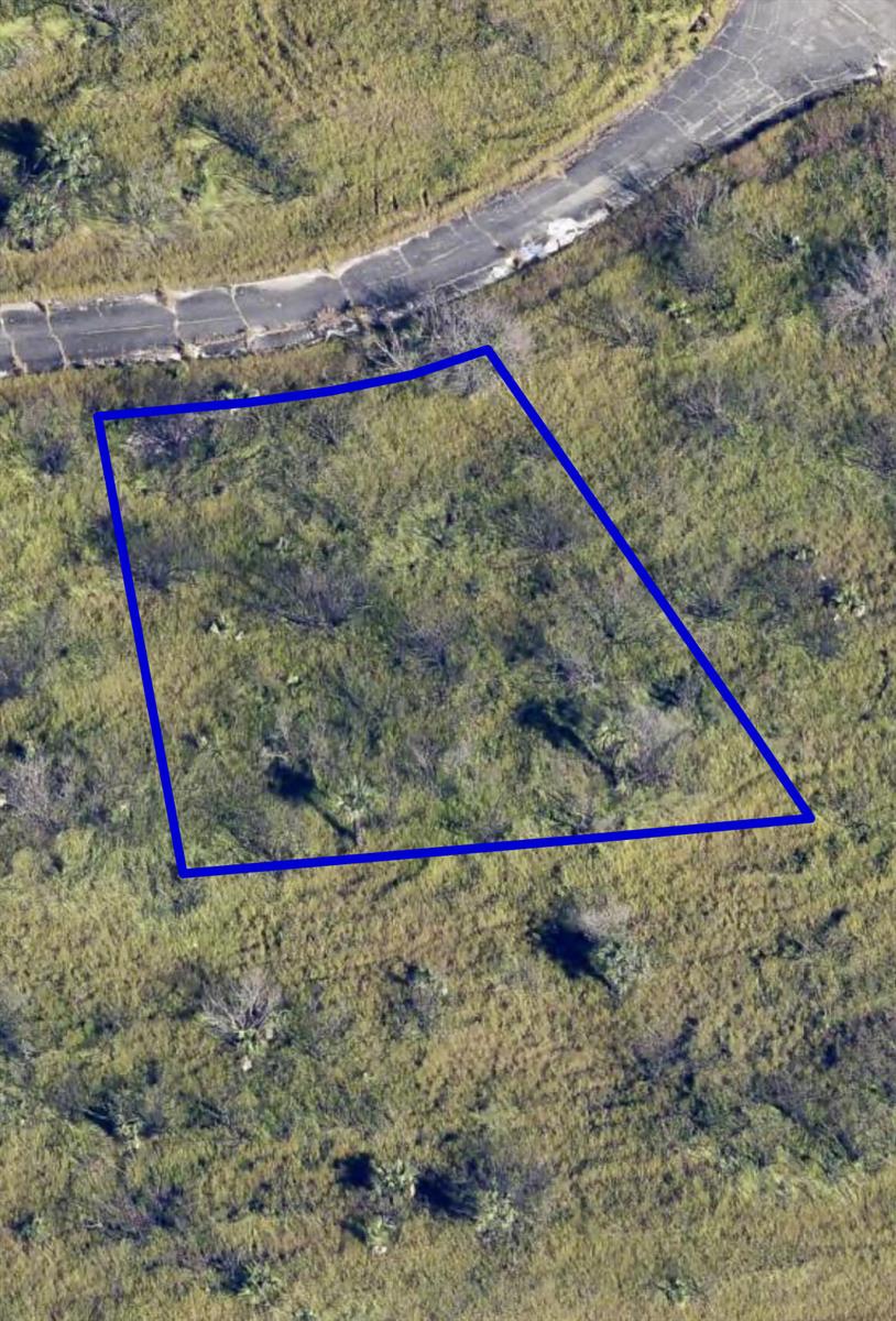 An aerial view shows a vacant, grass-covered rectangular lot outlined in blue near a road — 1510 Briscoe Circle SW, Palm Bay FL 32908, PALM BAY, FL