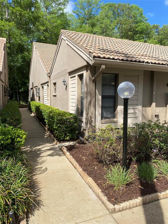 A concrete walkway leads past a tan building with a tiled roof and manicured hedges — 3134 WINDMOOR DRIVE N, PALM HARBOR, FL